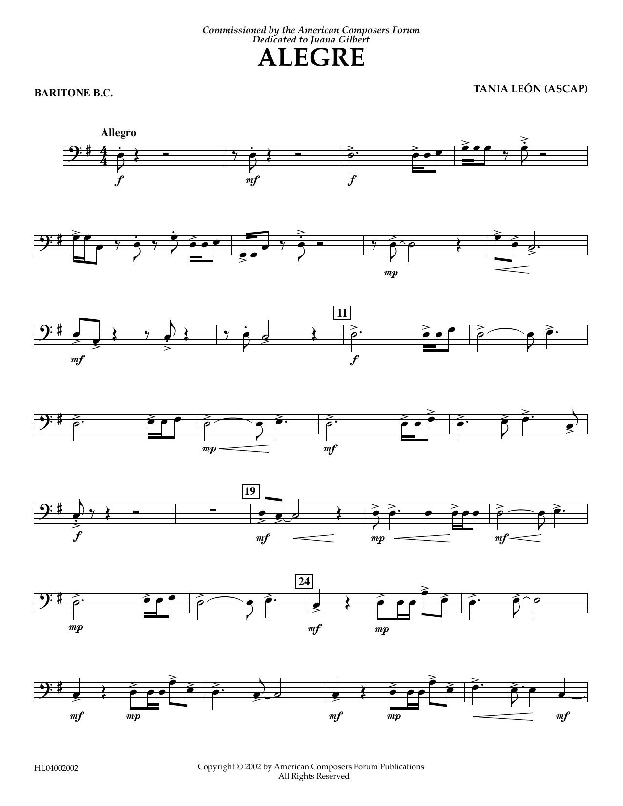 Download Tania Leon Alegre - Baritone B.C. Sheet Music and learn how to play Concert Band PDF digital score in minutes