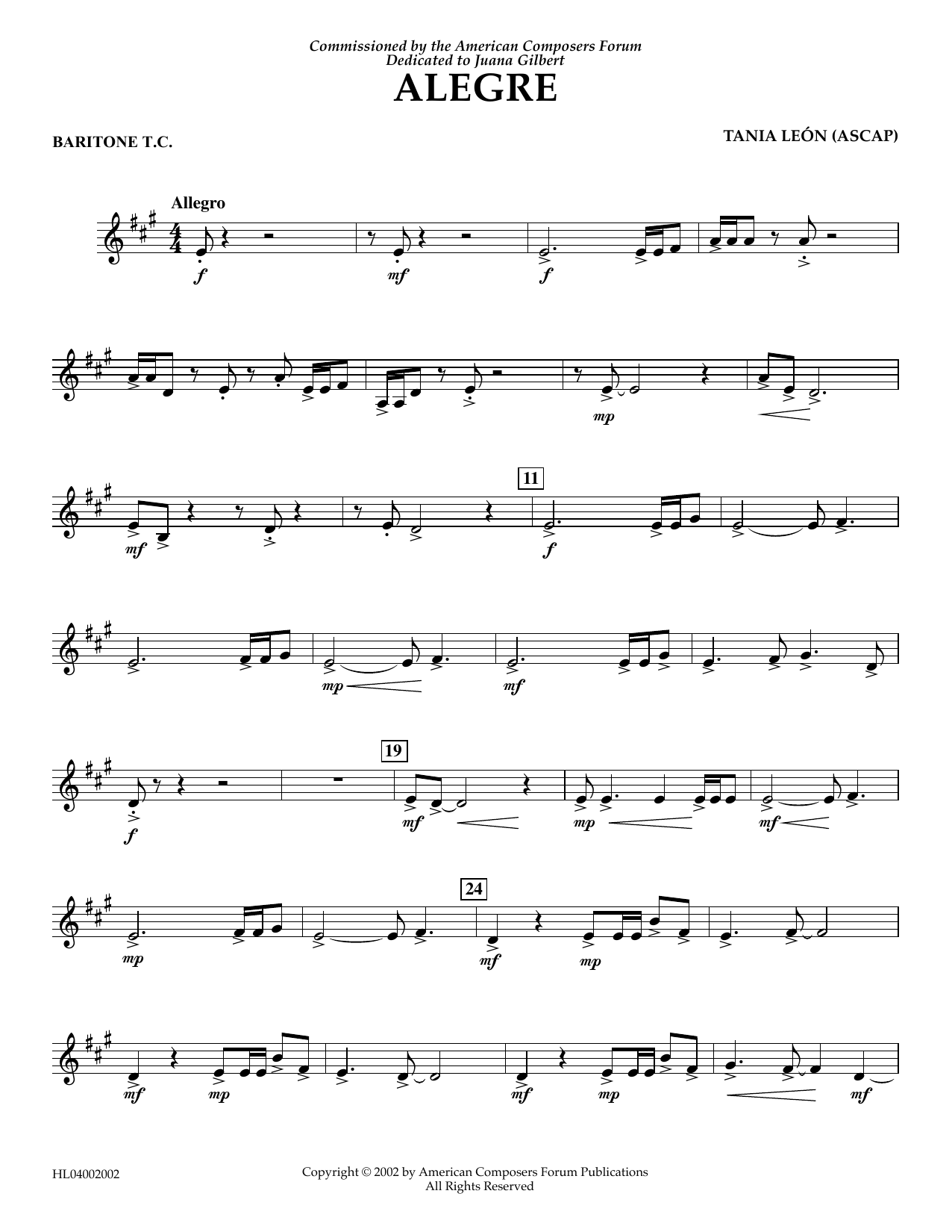Download Tania Leon Alegre - Baritone T.C. Sheet Music and learn how to play Concert Band PDF digital score in minutes