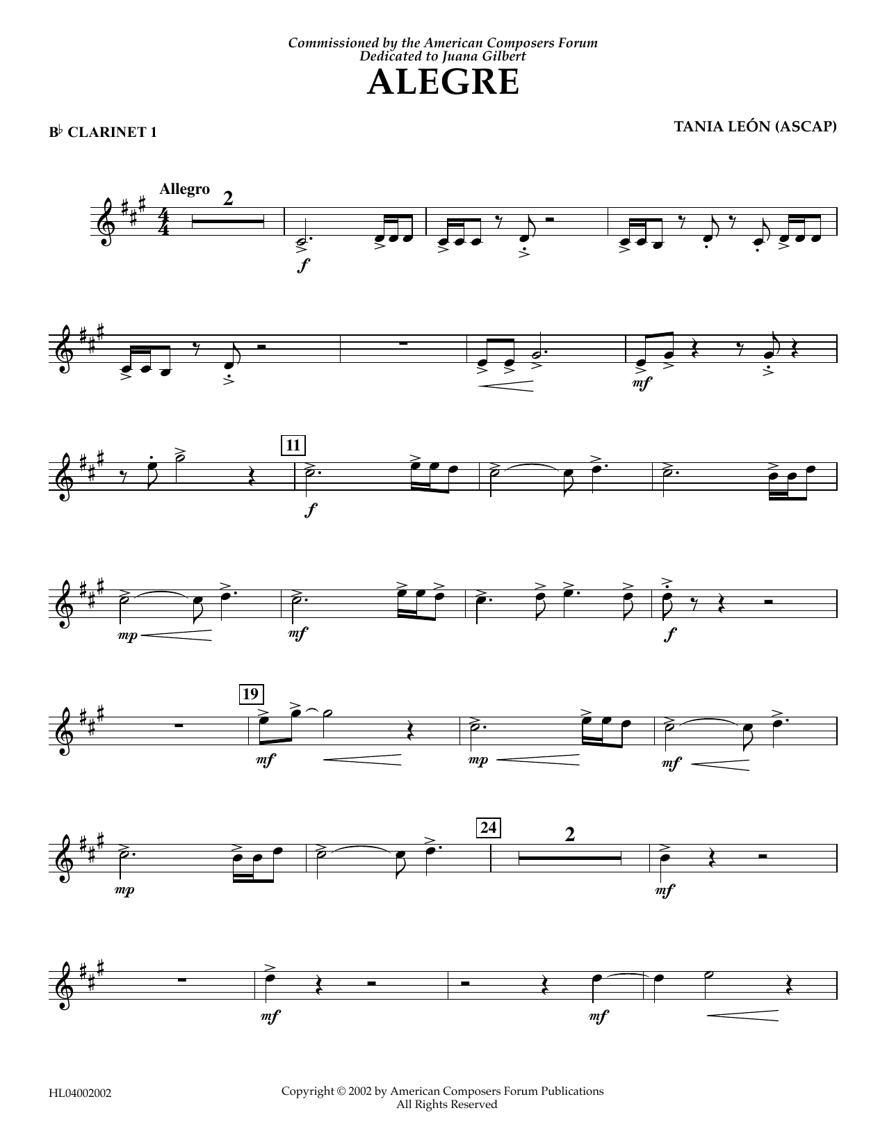 Download Tania Leon Alegre - Bb Clarinet 1 Sheet Music and learn how to play Concert Band PDF digital score in minutes
