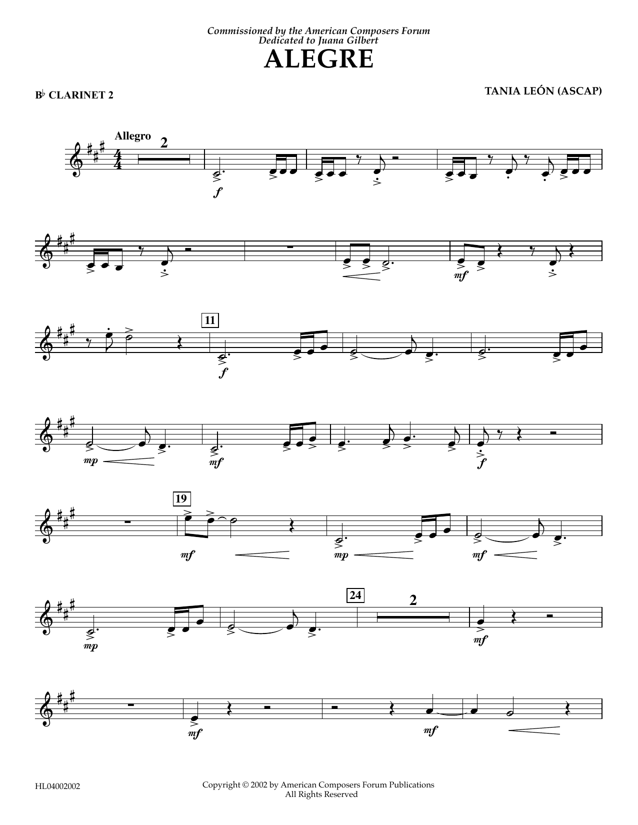 Download Tania Leon Alegre - Bb Clarinet 2 Sheet Music and learn how to play Concert Band PDF digital score in minutes