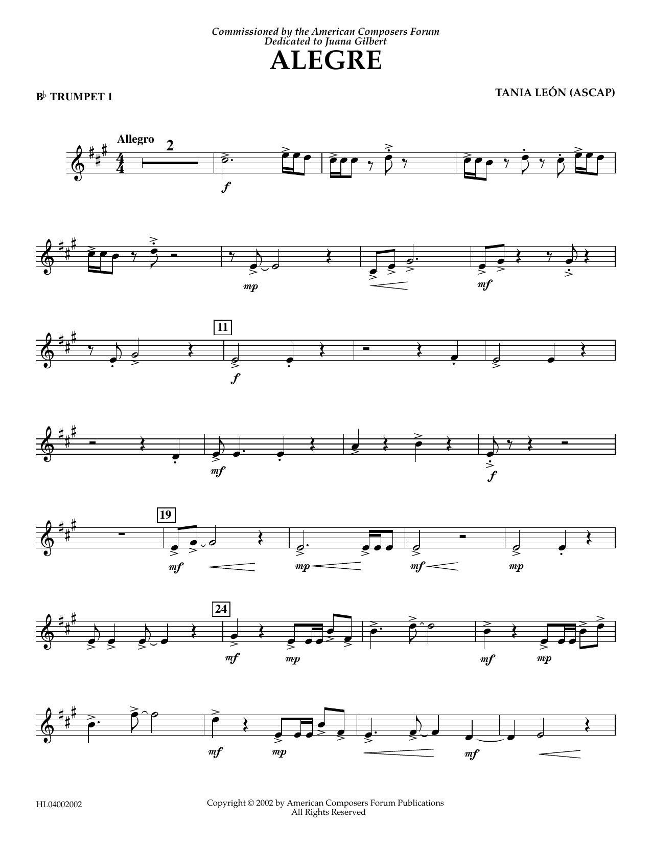 Download Tania Leon Alegre - Bb Trumpet 1 Sheet Music and learn how to play Concert Band PDF digital score in minutes