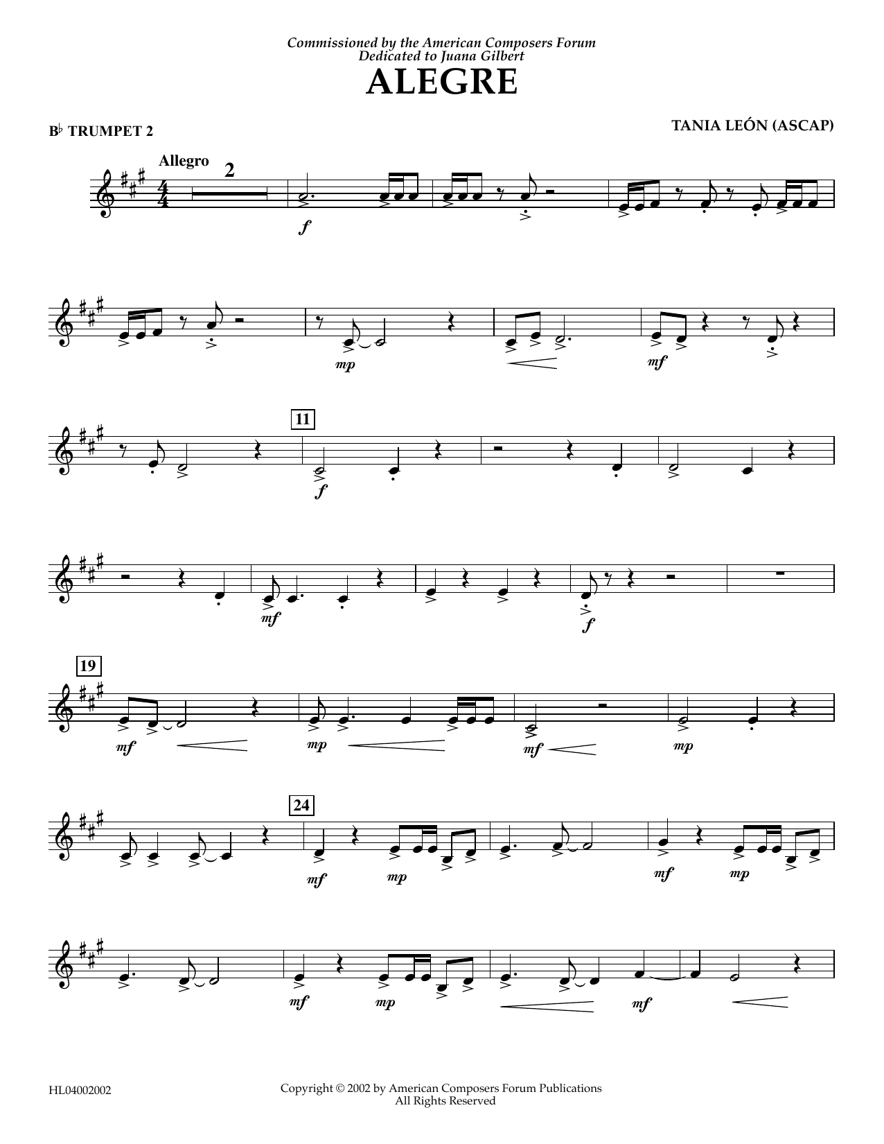 Download Tania Leon Alegre - Bb Trumpet 2 Sheet Music and learn how to play Concert Band PDF digital score in minutes