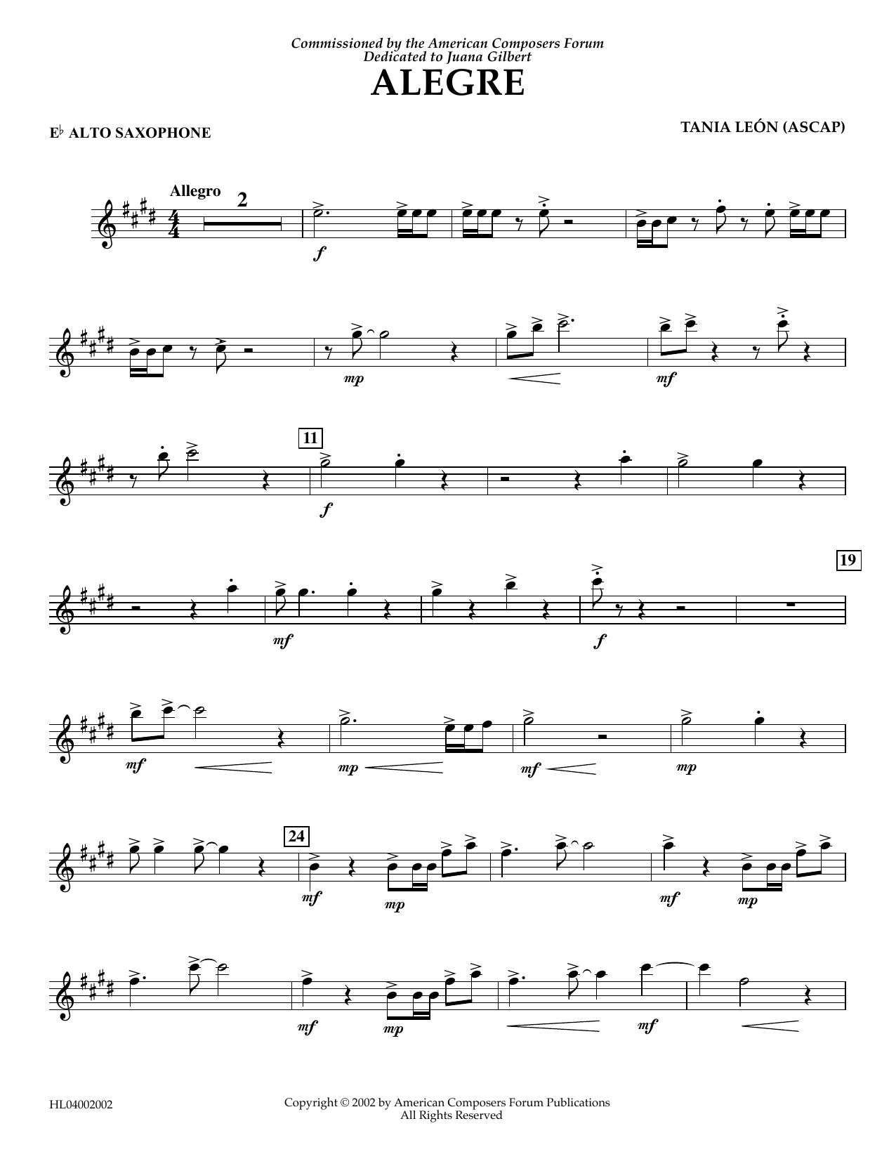 Download Tania Leon Alegre - Eb Alto Saxophone Sheet Music and learn how to play Concert Band PDF digital score in minutes