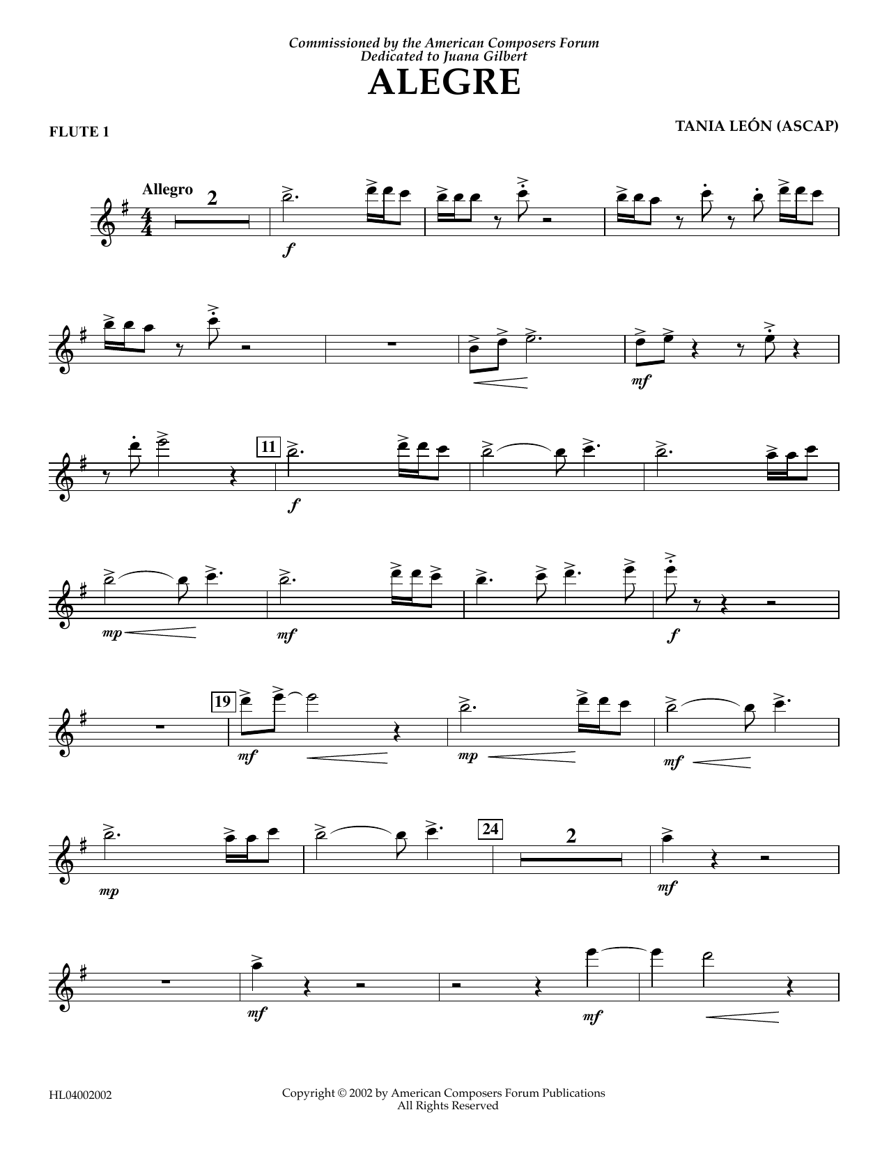 Download Tania Leon Alegre - Flute 1 Sheet Music and learn how to play Concert Band PDF digital score in minutes