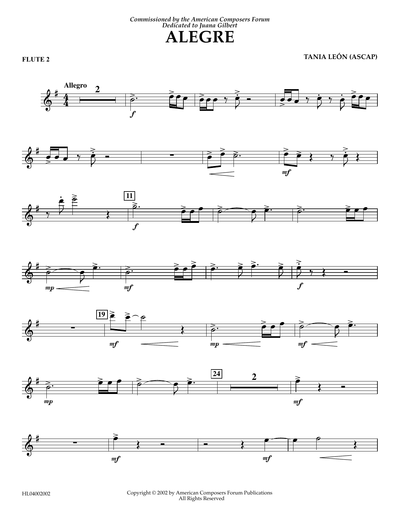 Download Tania Leon Alegre - Flute 2 Sheet Music and learn how to play Concert Band PDF digital score in minutes