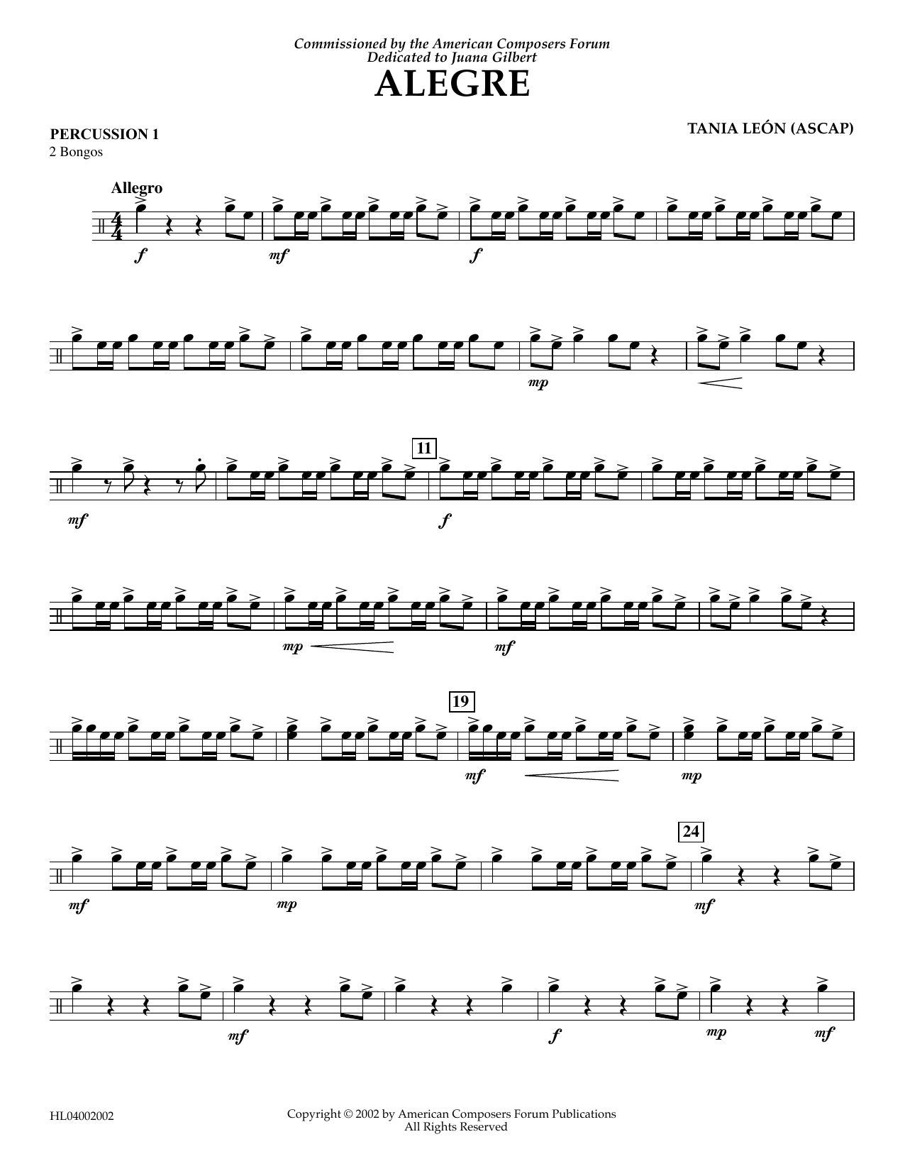 Download Tania Leon Alegre - Percussion 1 Sheet Music and learn how to play Concert Band PDF digital score in minutes