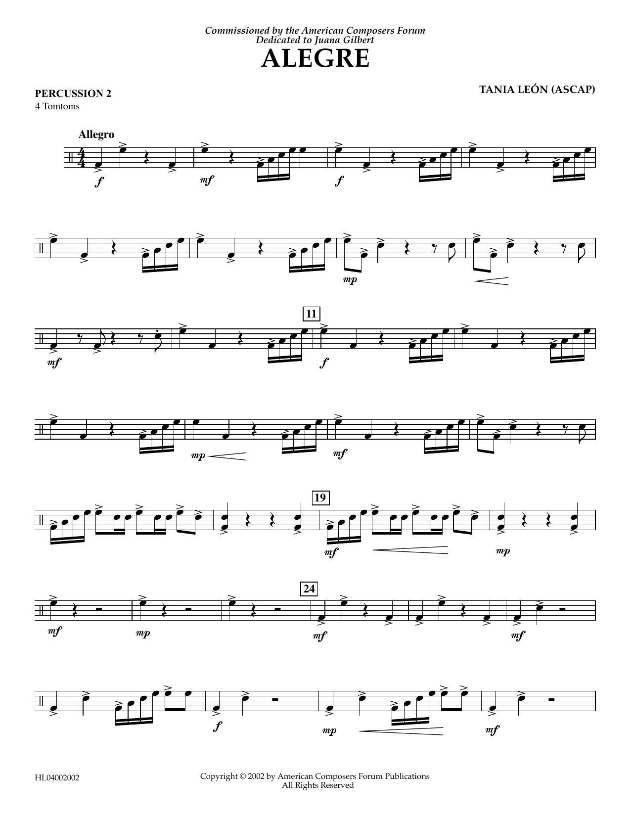 Download Tania Leon Alegre - Percussion 2 Sheet Music and learn how to play Concert Band PDF digital score in minutes