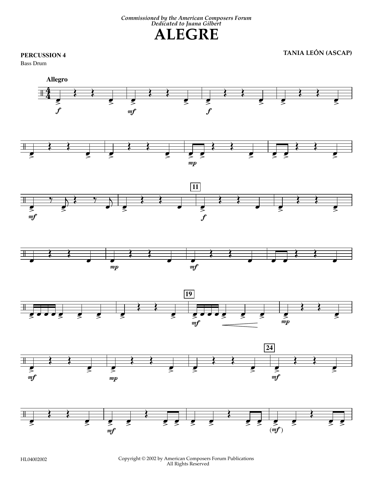 Download Tania Leon Alegre - Percussion 4 Sheet Music and learn how to play Concert Band PDF digital score in minutes