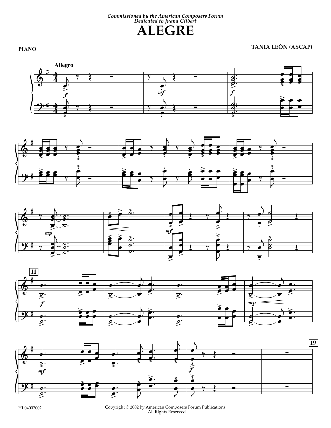 Download Tania Leon Alegre - Piano Sheet Music and learn how to play Concert Band PDF digital score in minutes