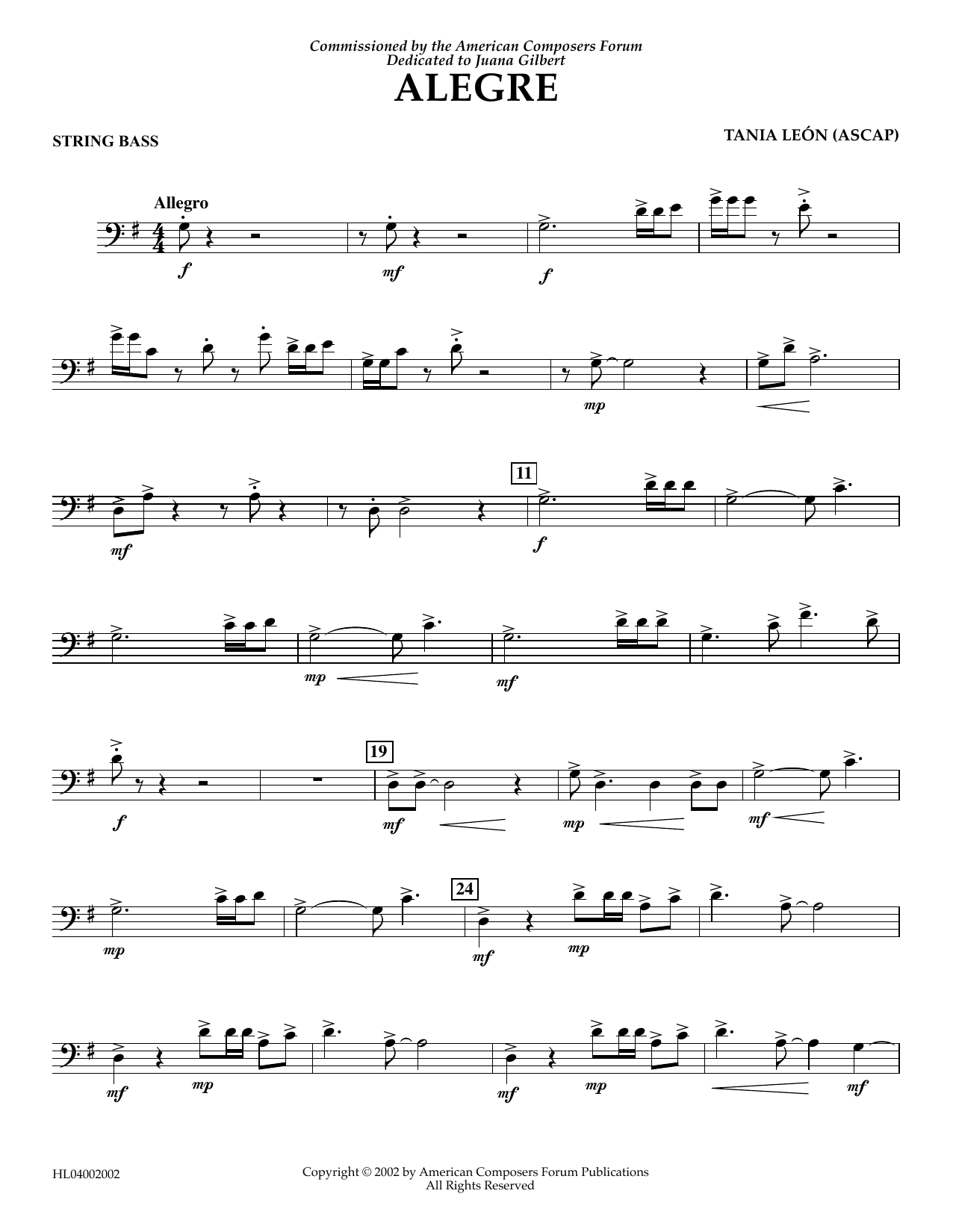 Download Tania Leon Alegre - String Bass Sheet Music and learn how to play Concert Band PDF digital score in minutes