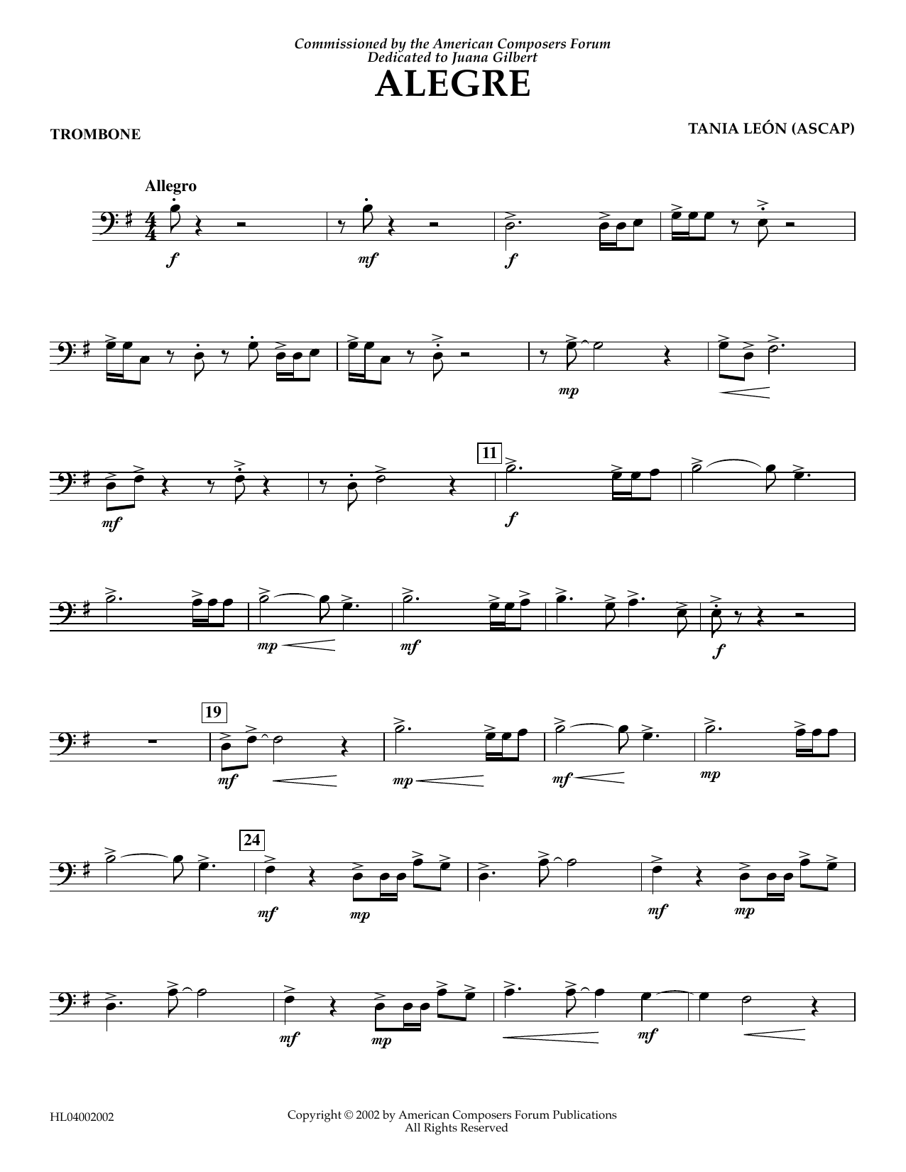 Download Tania Leon Alegre - Trombone Sheet Music and learn how to play Concert Band PDF digital score in minutes