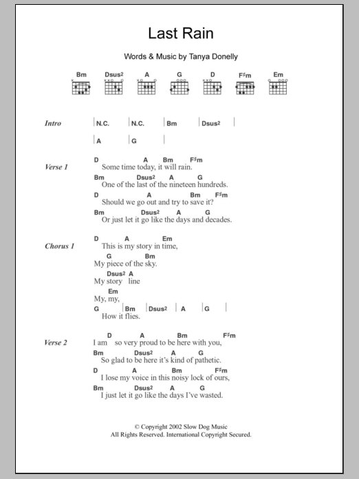 Download Tanya Donelly Last Rain Sheet Music and learn how to play Lyrics & Chords PDF digital score in minutes