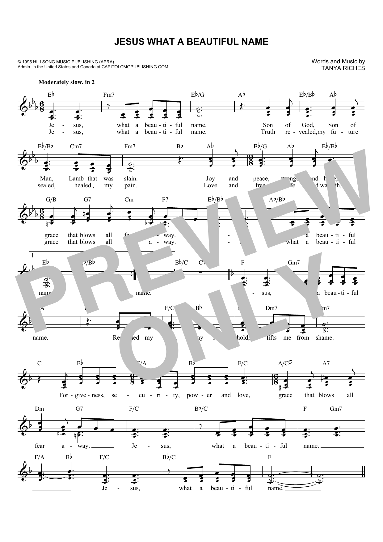 Download Tanya Riches Jesus What A Beautiful Name Sheet Music and learn how to play Melody Line, Lyrics & Chords PDF digital score in minutes