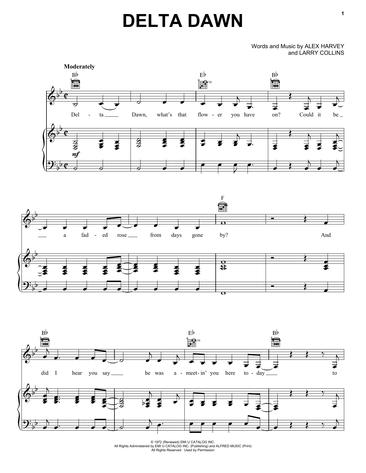 Download Tanya Tucker Delta Dawn Sheet Music and learn how to play Piano, Vocal & Guitar (Right-Hand Melody) PDF digital score in minutes