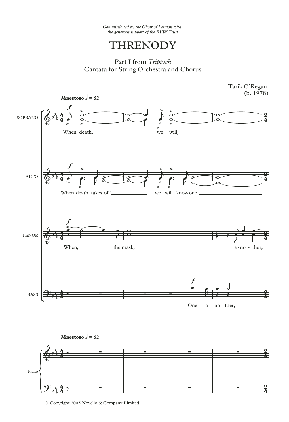 Download Tarik O'Regan Threnody Sheet Music and learn how to play SATB Choir PDF digital score in minutes