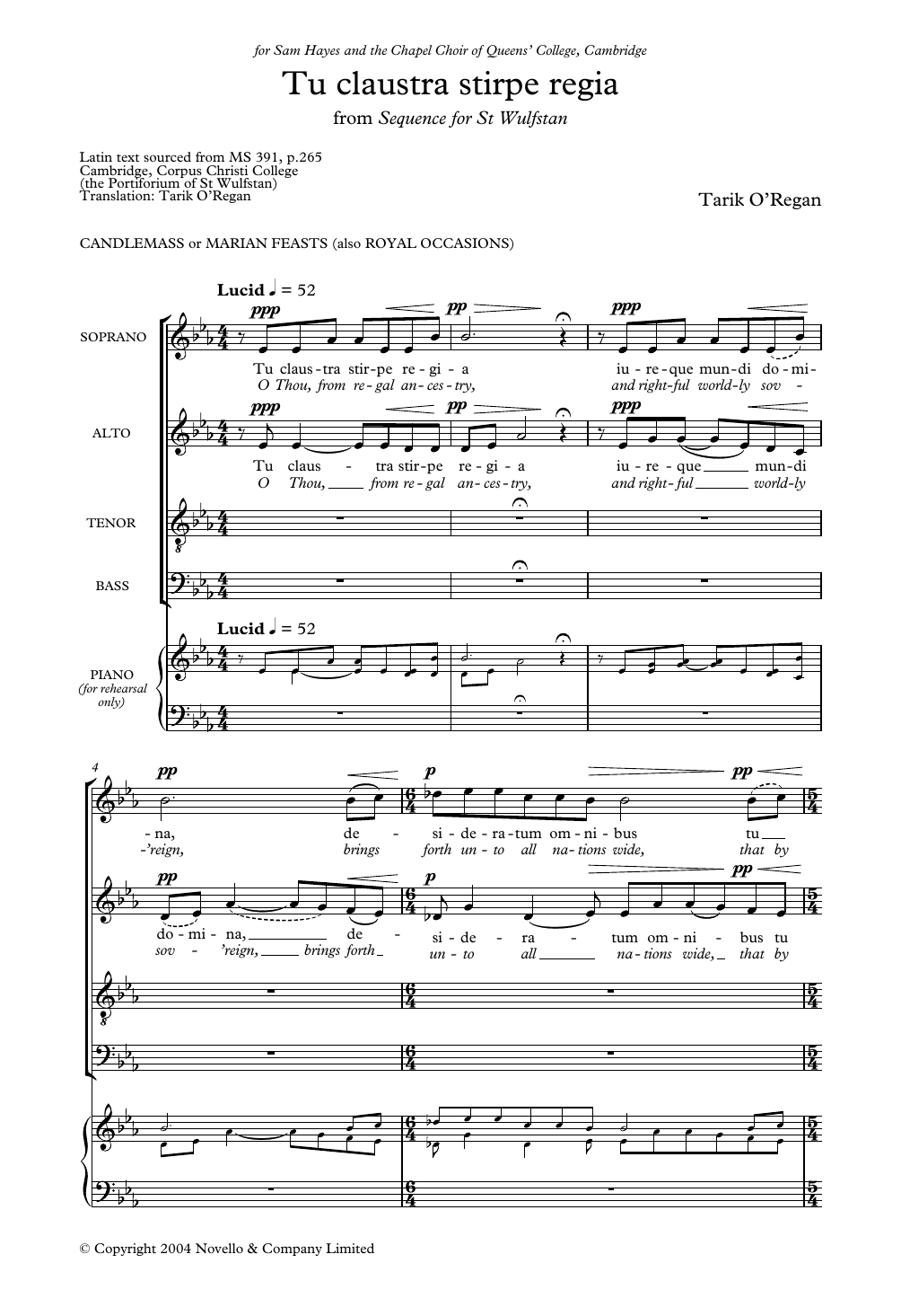 Download Tarik O'Regan Tu Claustra Stirpe Regia (From Sequence for St Wulfstan) Sheet Music and learn how to play Choir PDF digital score in minutes