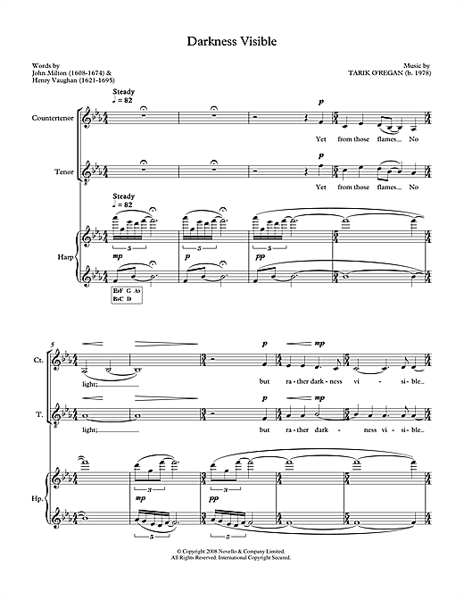 Download Tarik O'Regan Darkness Visible (for counter-tenor, tenor & harp) Sheet Music and learn how to play Piano & Vocal PDF digital score in minutes