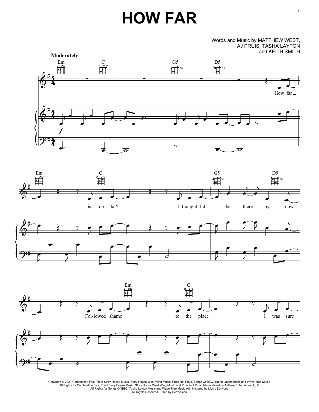 Download Tasha Layton How Far Sheet Music and learn how to play Piano, Vocal & Guitar Chords (Right-Hand Melody) PDF digital score in minutes
