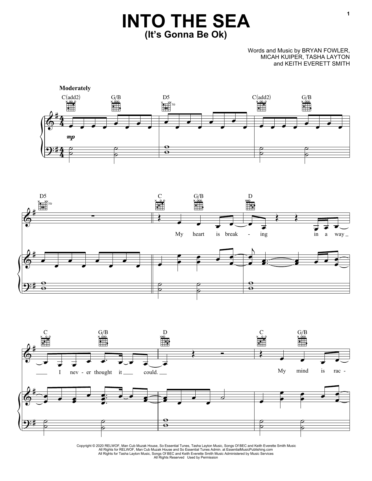 Download Tasha Layton Into The Sea (It's Gonna Be Ok) Sheet Music and learn how to play Piano, Vocal & Guitar Chords (Right-Hand Melody) PDF digital score in minutes
