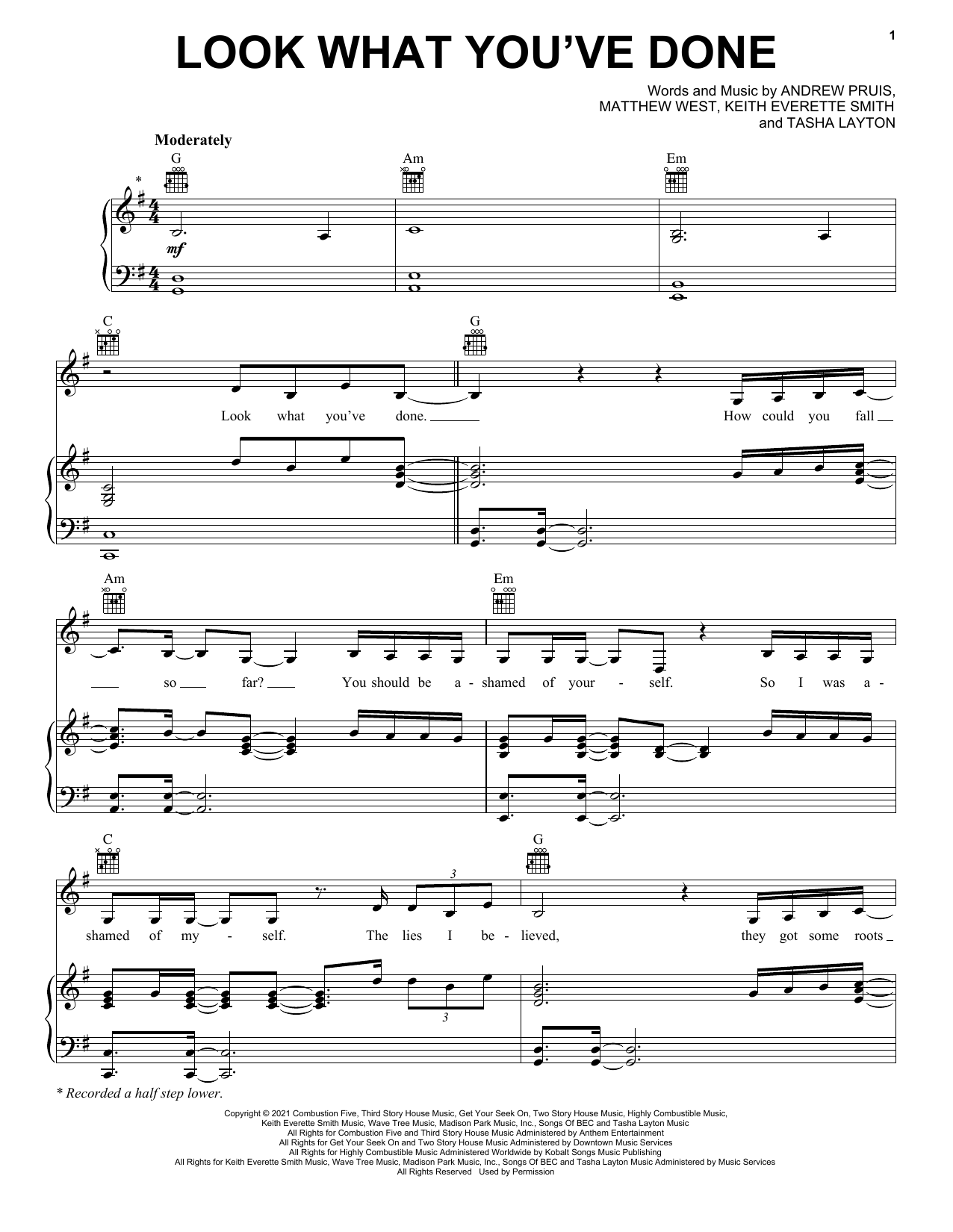 Download Tasha Layton Look What You've Done Sheet Music and learn how to play Piano, Vocal & Guitar Chords (Right-Hand Melody) PDF digital score in minutes