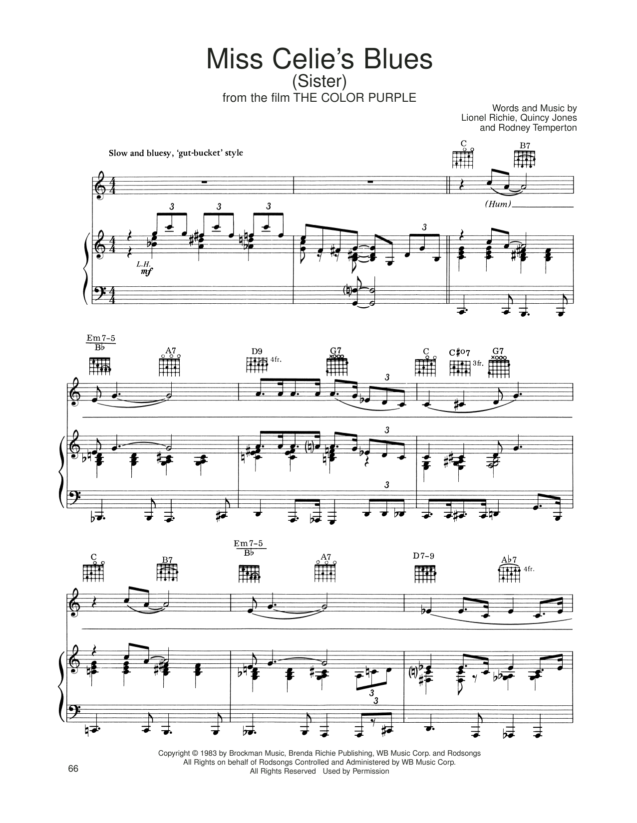 Download Táta Vega Miss Celie's Blues (Sister) (from The Color Purple) Sheet Music and learn how to play Piano, Vocal & Guitar Chords (Right-Hand Melody) PDF digital score in minutes