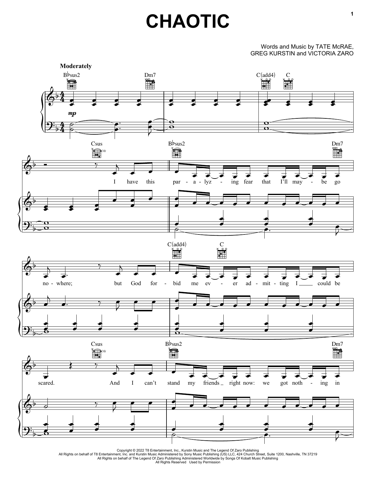Download Tate McRae Chaotic Sheet Music and learn how to play Piano, Vocal & Guitar Chords (Right-Hand Melody) PDF digital score in minutes