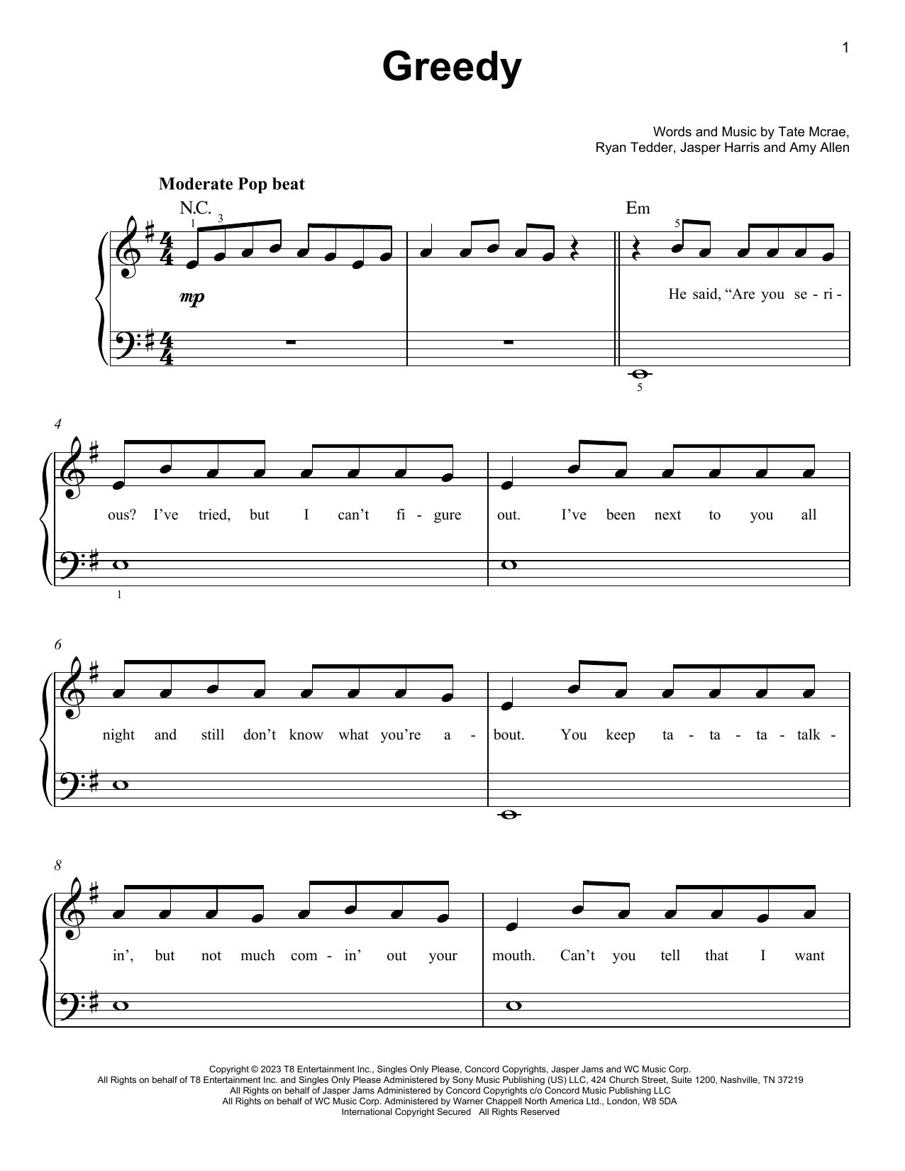 Download Tate McRae greedy Sheet Music and learn how to play Easy Piano PDF digital score in minutes