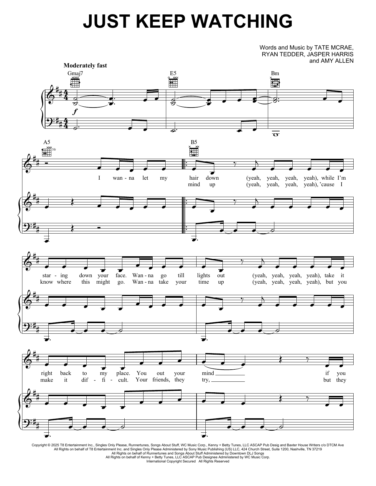 Download Tate McRae Just Keep Watching (from F1: The Movie) Sheet Music and learn how to play Piano, Vocal & Guitar Chords (Right-Hand Melody) PDF digital score in minutes