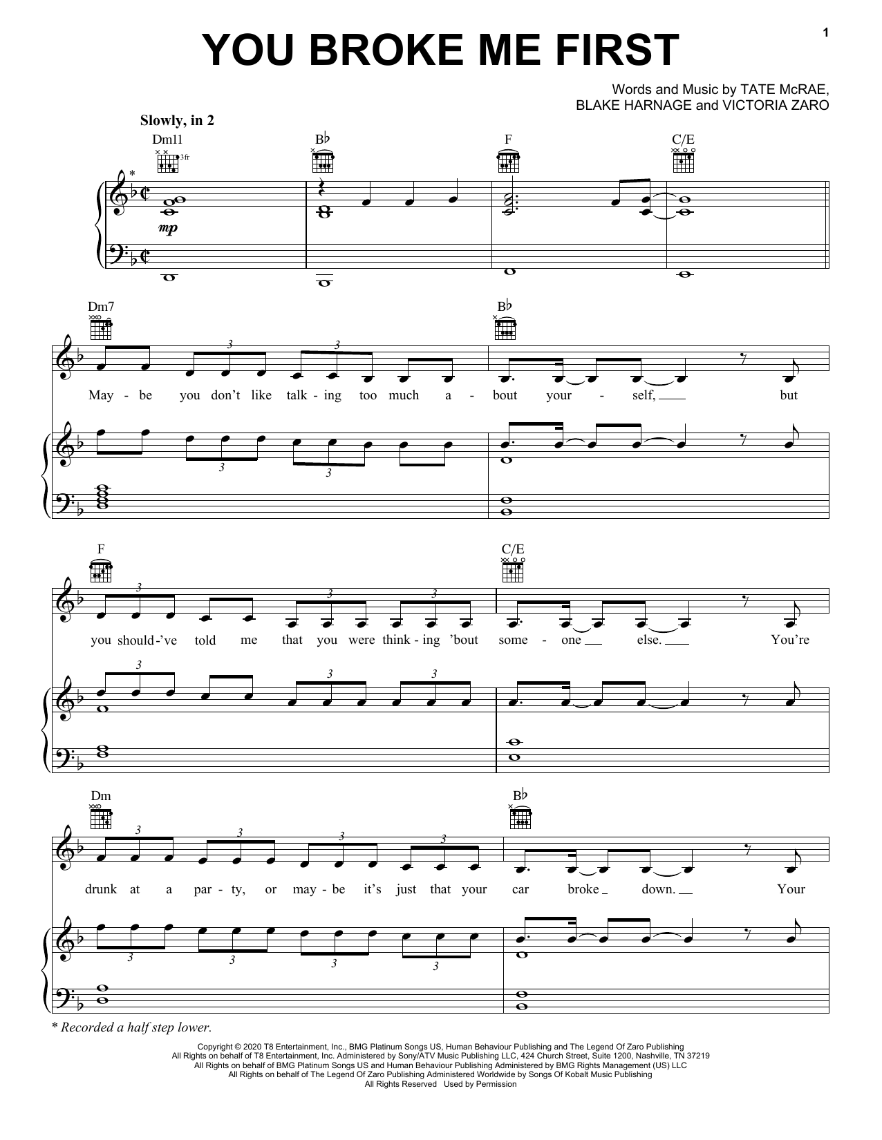 Download Tate McRae You Broke Me First Sheet Music and learn how to play Piano, Vocal & Guitar Chords (Right-Hand Melody) PDF digital score in minutes