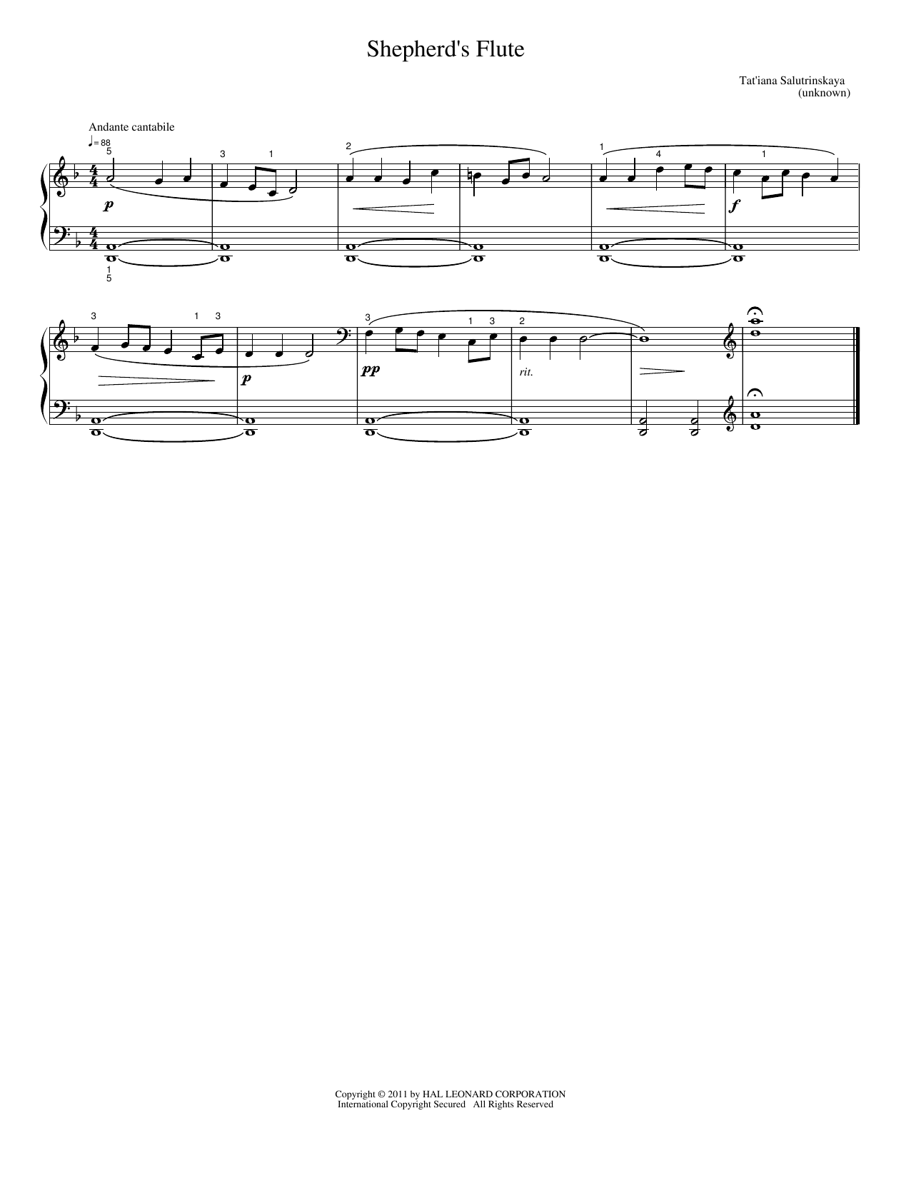Download Tat'Iana Salutrinskaya Shepherd'S Flute Sheet Music and learn how to play Easy Piano PDF digital score in minutes