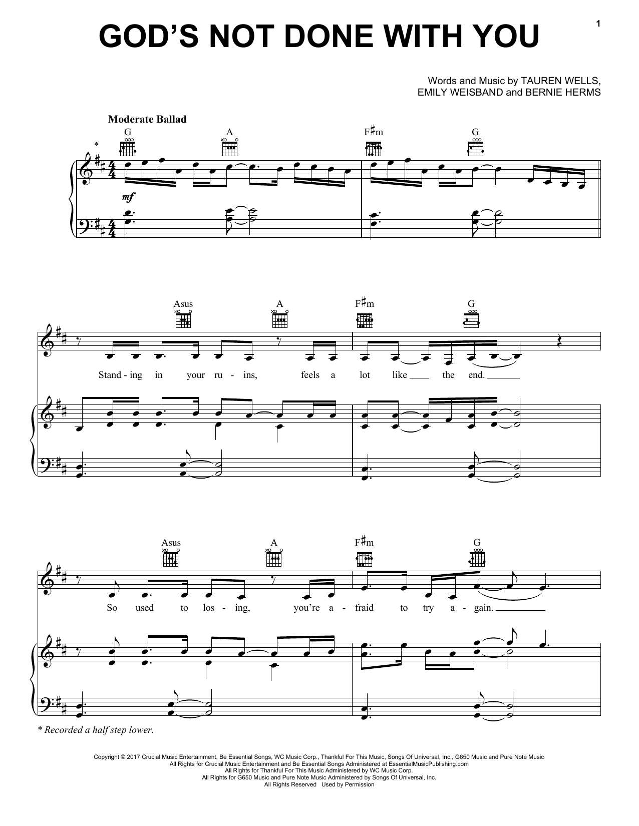 Download Tauren Wells God's Not Done With You Sheet Music and learn how to play Piano, Vocal & Guitar Chords (Right-Hand Melody) PDF digital score in minutes