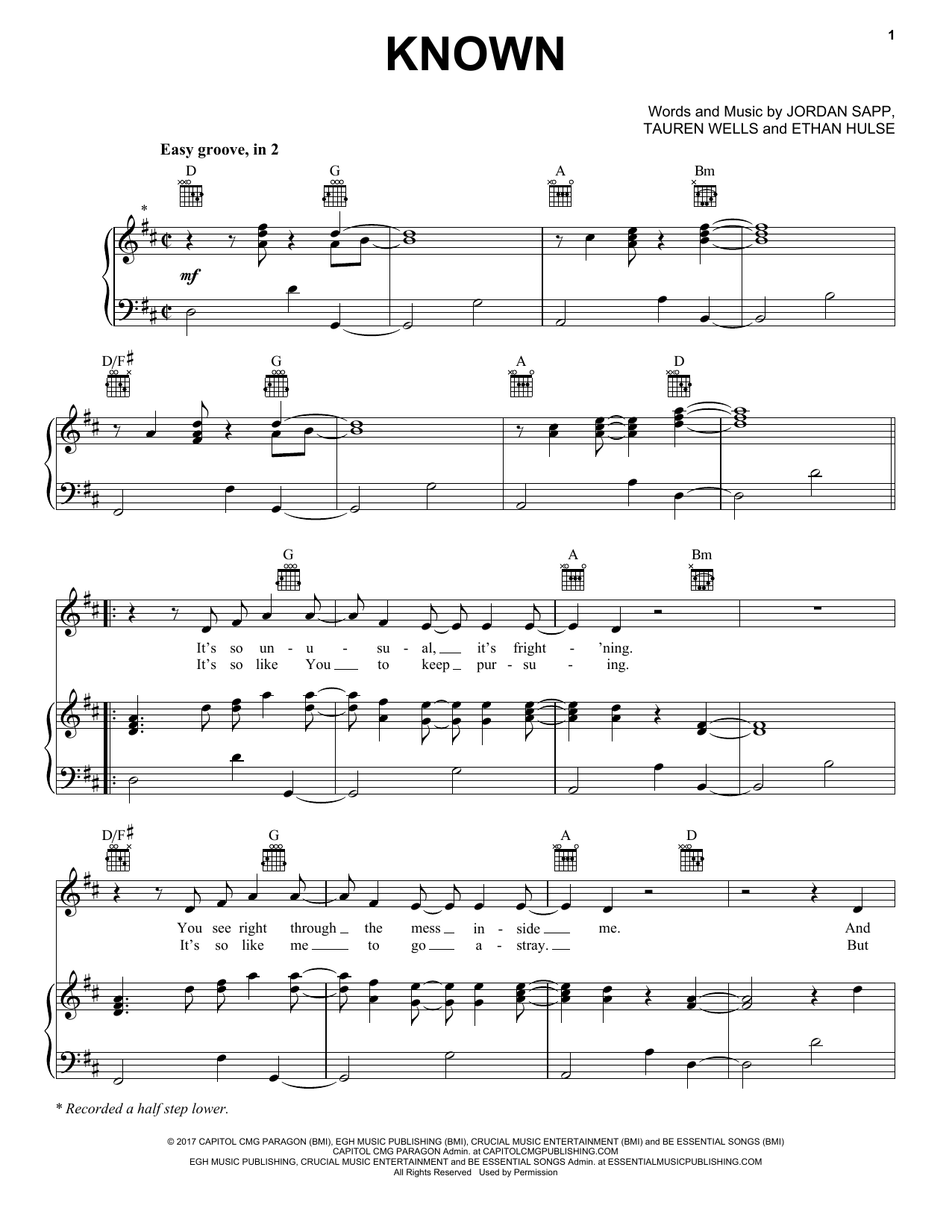 Download Tauren Wells Known Sheet Music and learn how to play Piano, Vocal & Guitar Chords (Right-Hand Melody) PDF digital score in minutes
