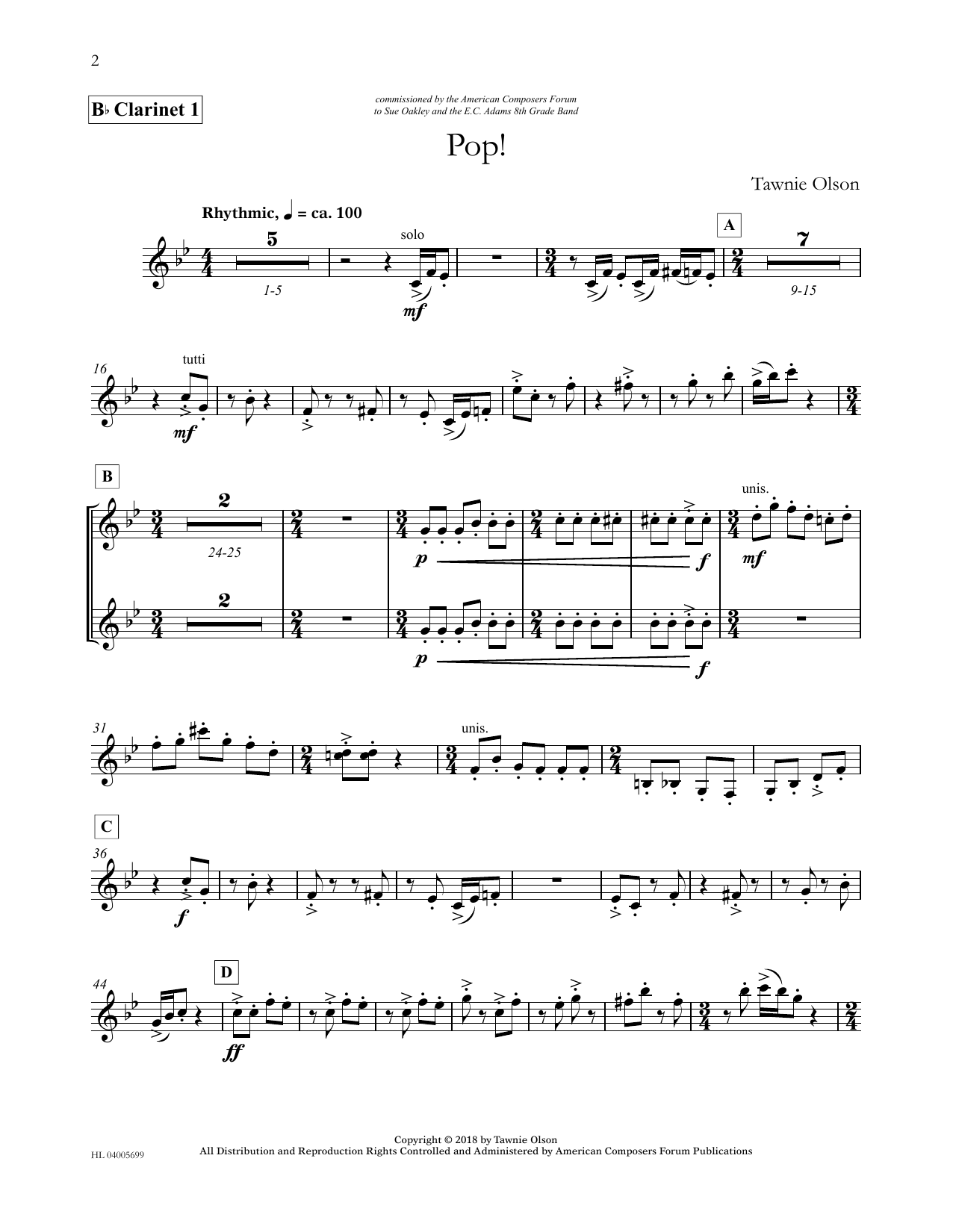 Download Tawnie Olson Pop! - Bb Clarinet 1 (Divisi) Sheet Music and learn how to play Concert Band PDF digital score in minutes