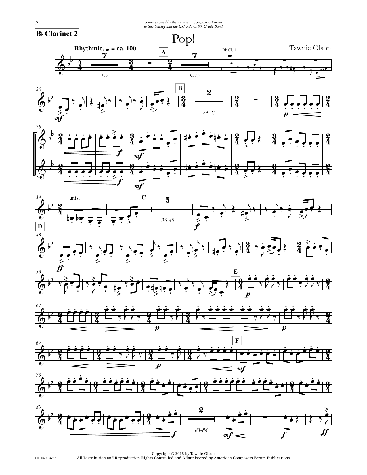 Download Tawnie Olson Pop! - Bb Clarinet 2 (Divisi) Sheet Music and learn how to play Concert Band PDF digital score in minutes