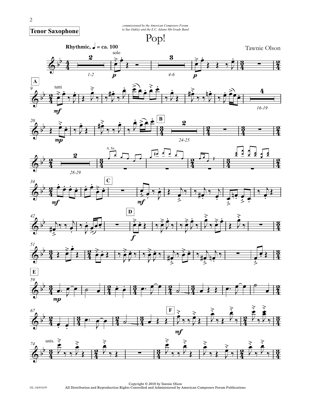 Download Tawnie Olson Pop! - Bb Tenor Saxophone (Divisi) Sheet Music and learn how to play Concert Band PDF digital score in minutes