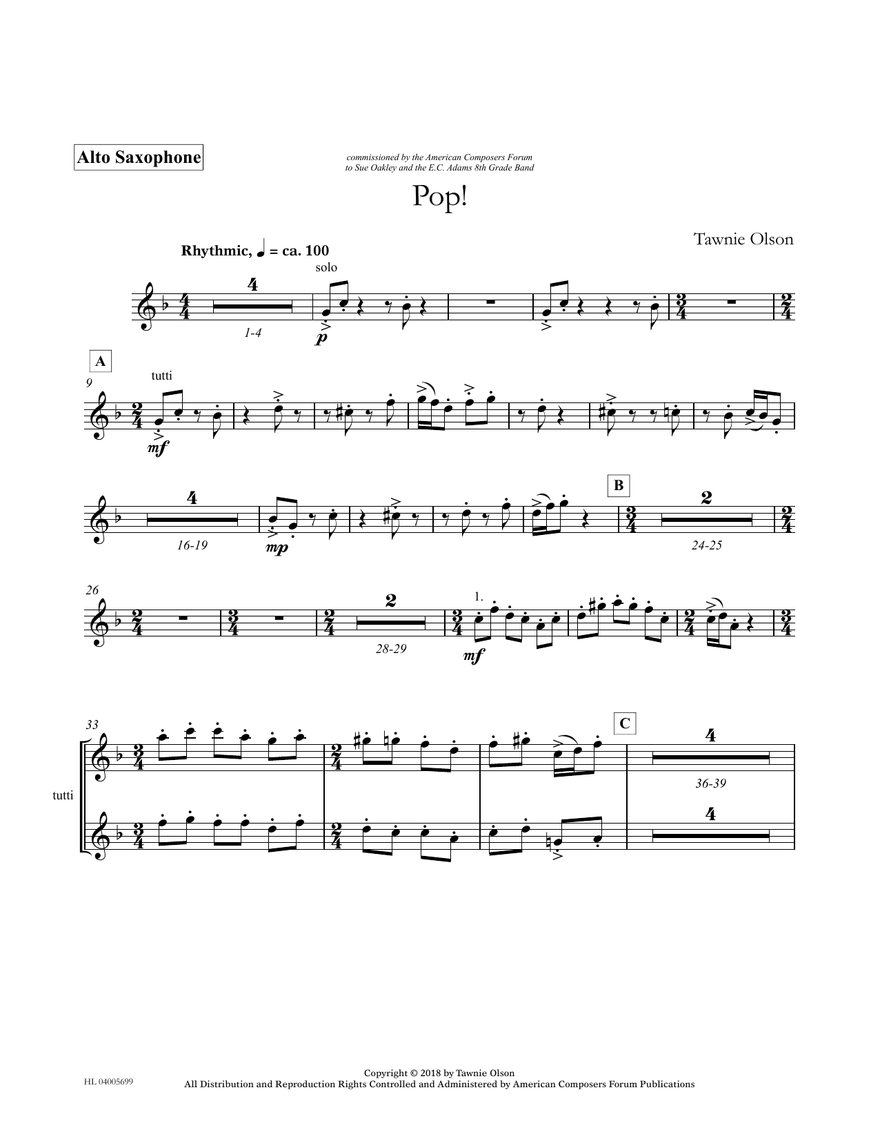 Download Tawnie Olson Pop! - Eb Alto Saxophone (Divisi) Sheet Music and learn how to play Concert Band PDF digital score in minutes