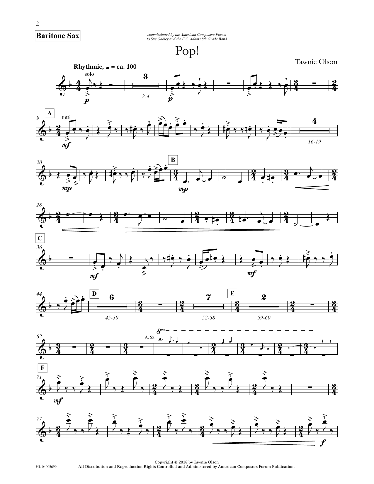 Download Tawnie Olson Pop! - Eb Baritone Saxophone Sheet Music and learn how to play Concert Band PDF digital score in minutes