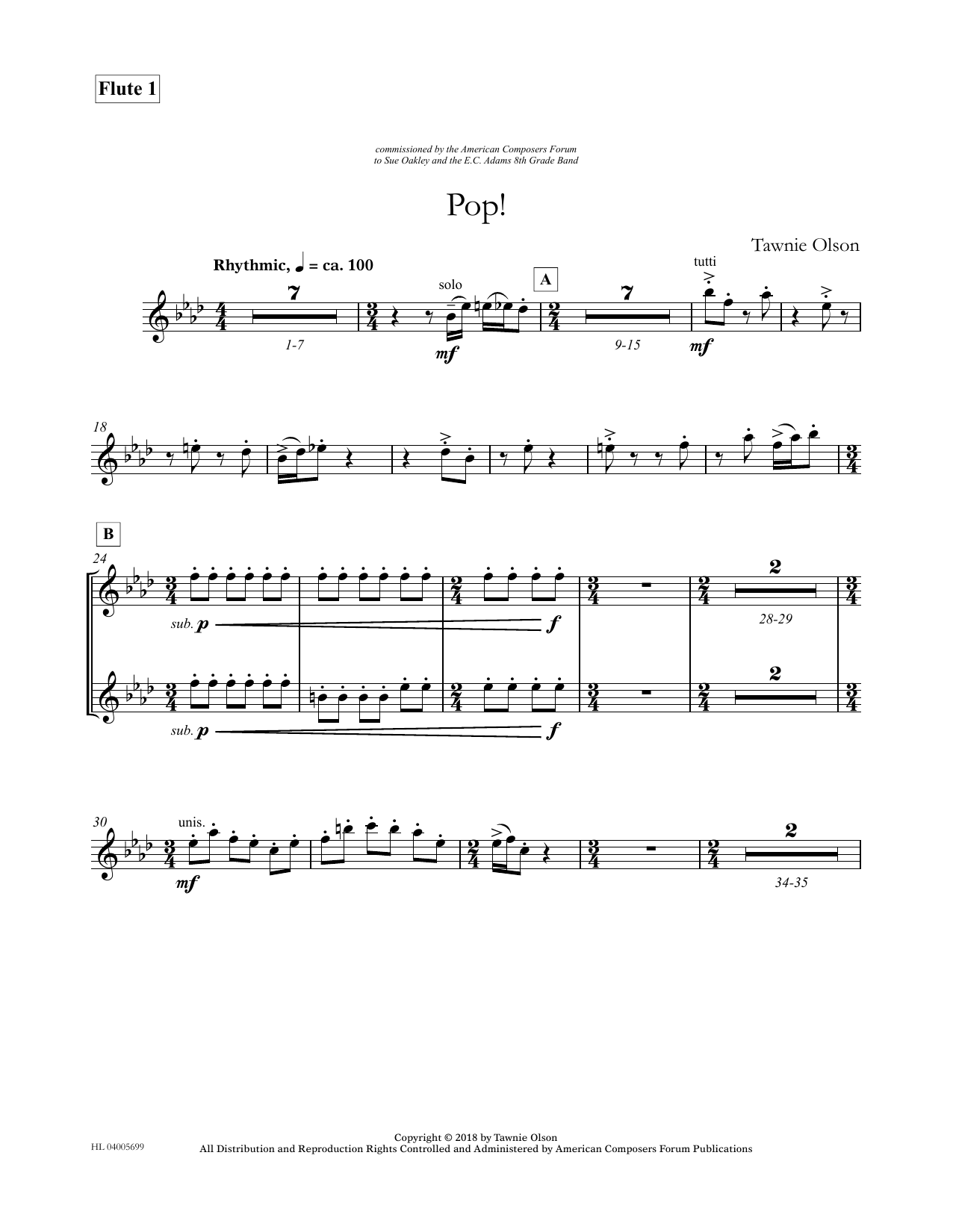 Download Tawnie Olson Pop! - Flute 1 (Divisi) Sheet Music and learn how to play Concert Band PDF digital score in minutes