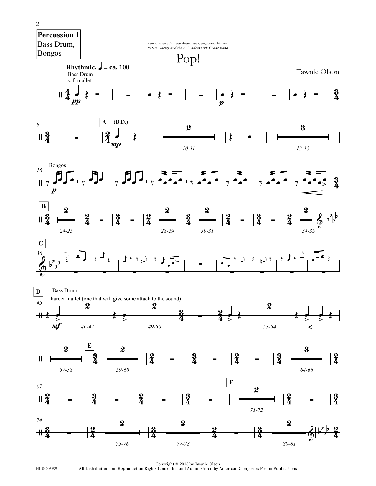 Download Tawnie Olson Pop! - Percussion 1 Bass Drum, Bongo Sheet Music and learn how to play Concert Band PDF digital score in minutes