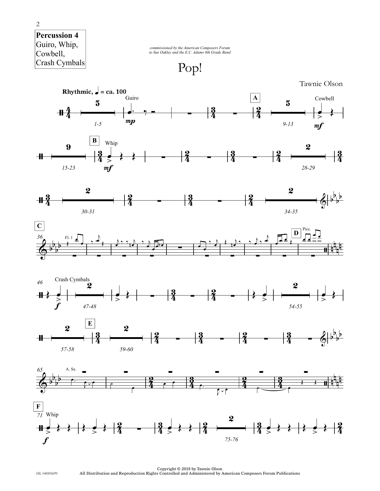 Download Tawnie Olson Pop! - Percussion 4 guiro, Cowbell... Sheet Music and learn how to play Concert Band PDF digital score in minutes