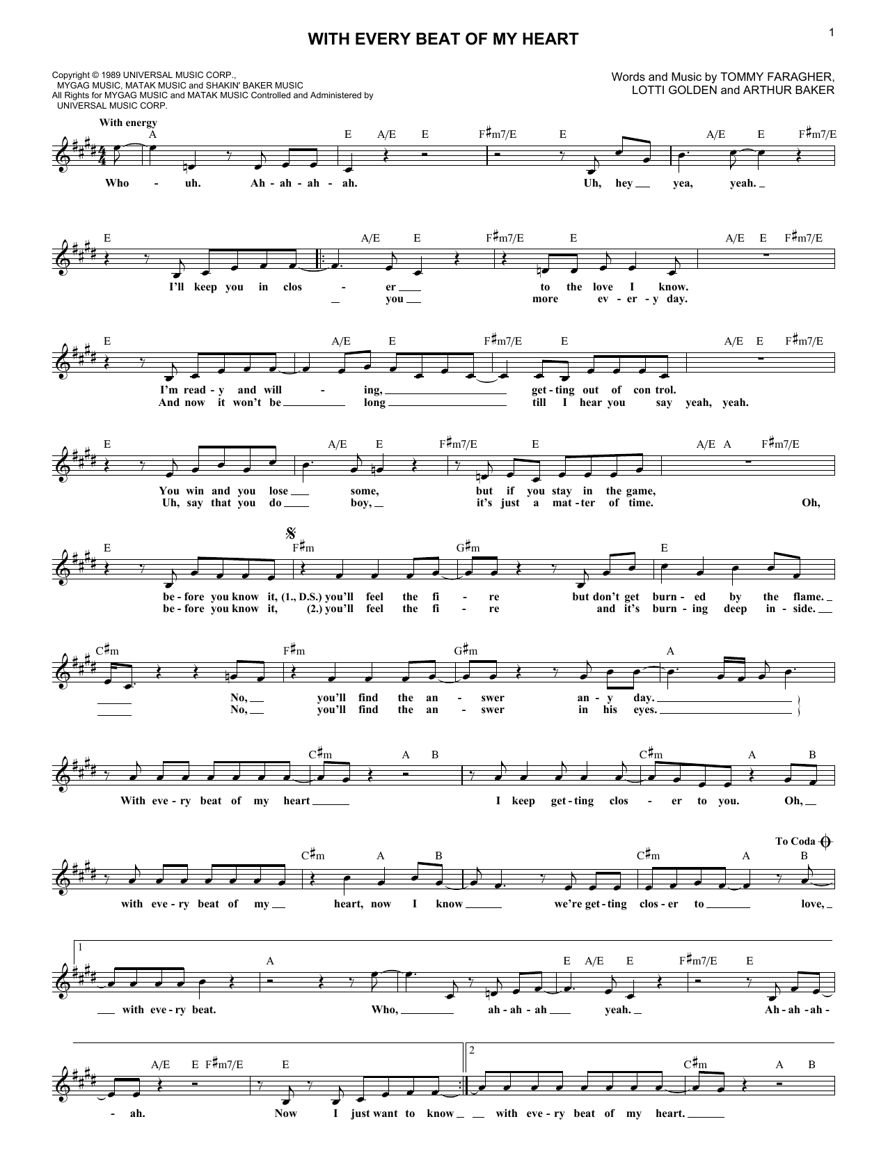 Download Taylor Dane With Every Beat Of My Heart Sheet Music and learn how to play Melody Line, Lyrics & Chords PDF digital score in minutes