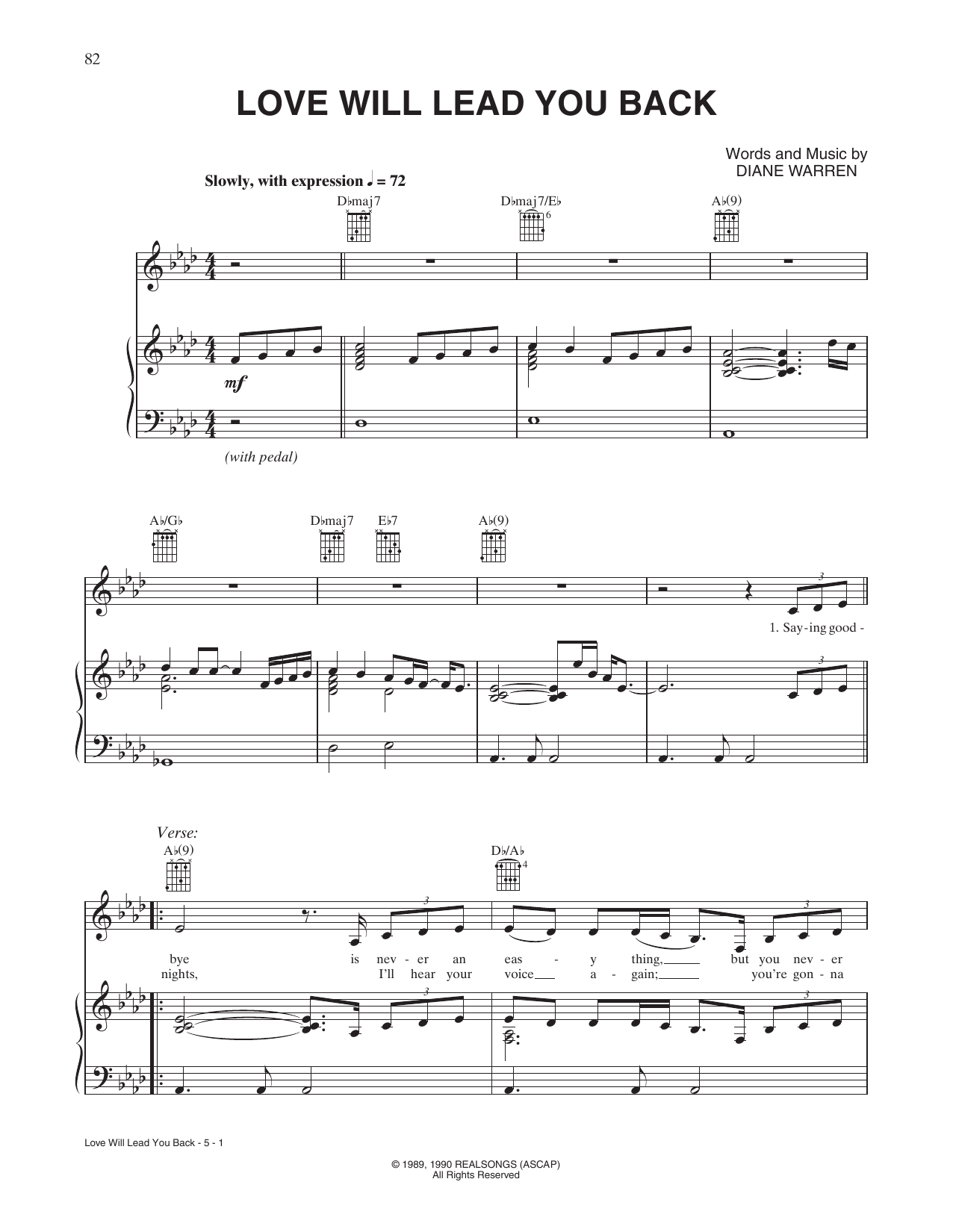 Download Taylor Dayne Love Will Lead You Back Sheet Music and learn how to play Piano, Vocal & Guitar Chords (Right-Hand Melody) PDF digital score in minutes