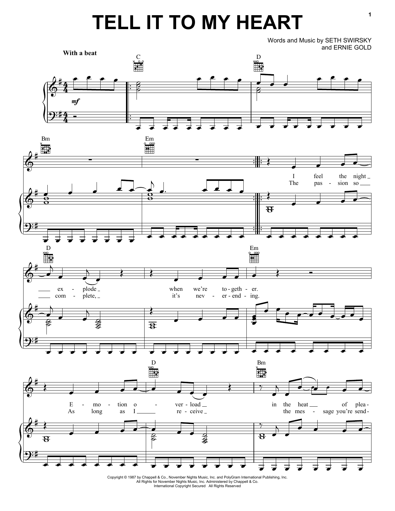 Download Taylor Dayne Tell It To My Heart Sheet Music and learn how to play Piano, Vocal & Guitar Chords (Right-Hand Melody) PDF digital score in minutes