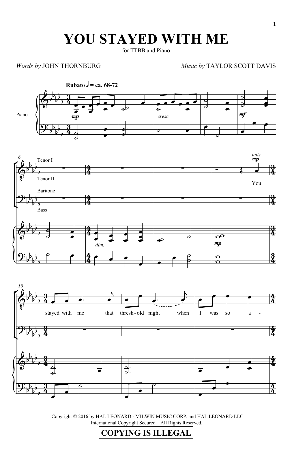 Download Taylor Scott Davis You Stayed With Me Sheet Music and learn how to play TTBB PDF digital score in minutes