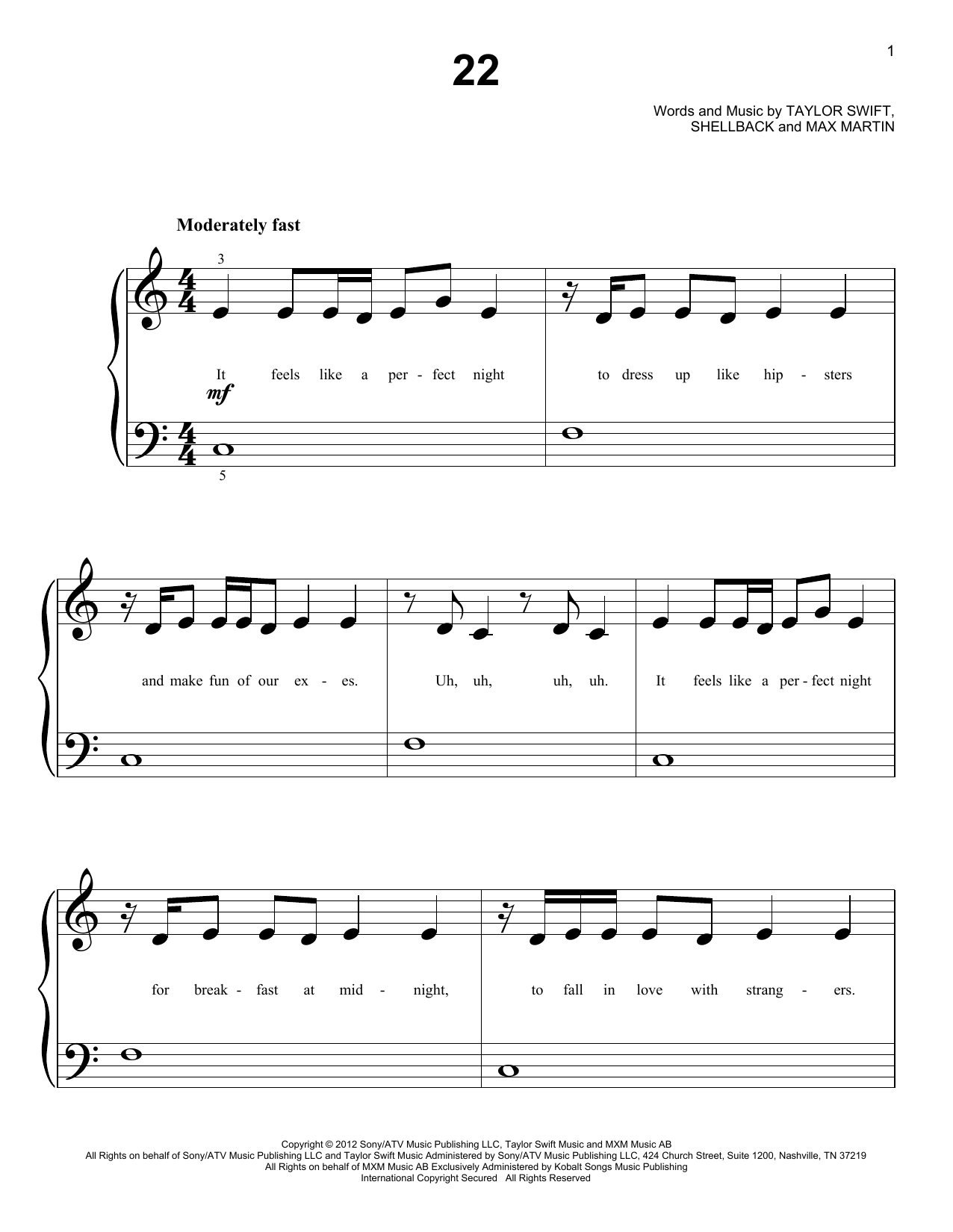 Download Taylor Swift 22 Sheet Music and learn how to play Voice PDF digital score in minutes