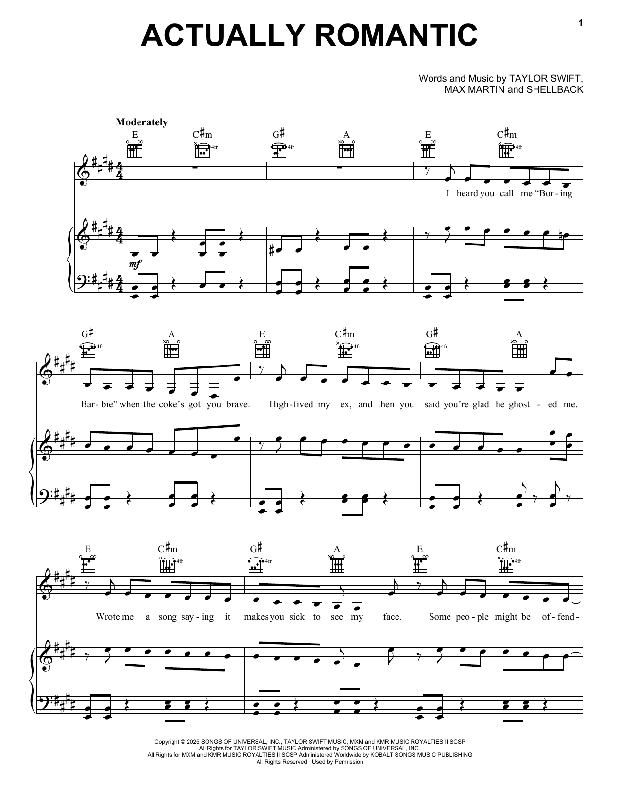 Download Taylor Swift Actually Romantic Sheet Music and learn how to play Piano, Vocal & Guitar Chords (Right-Hand Melody) PDF digital score in minutes