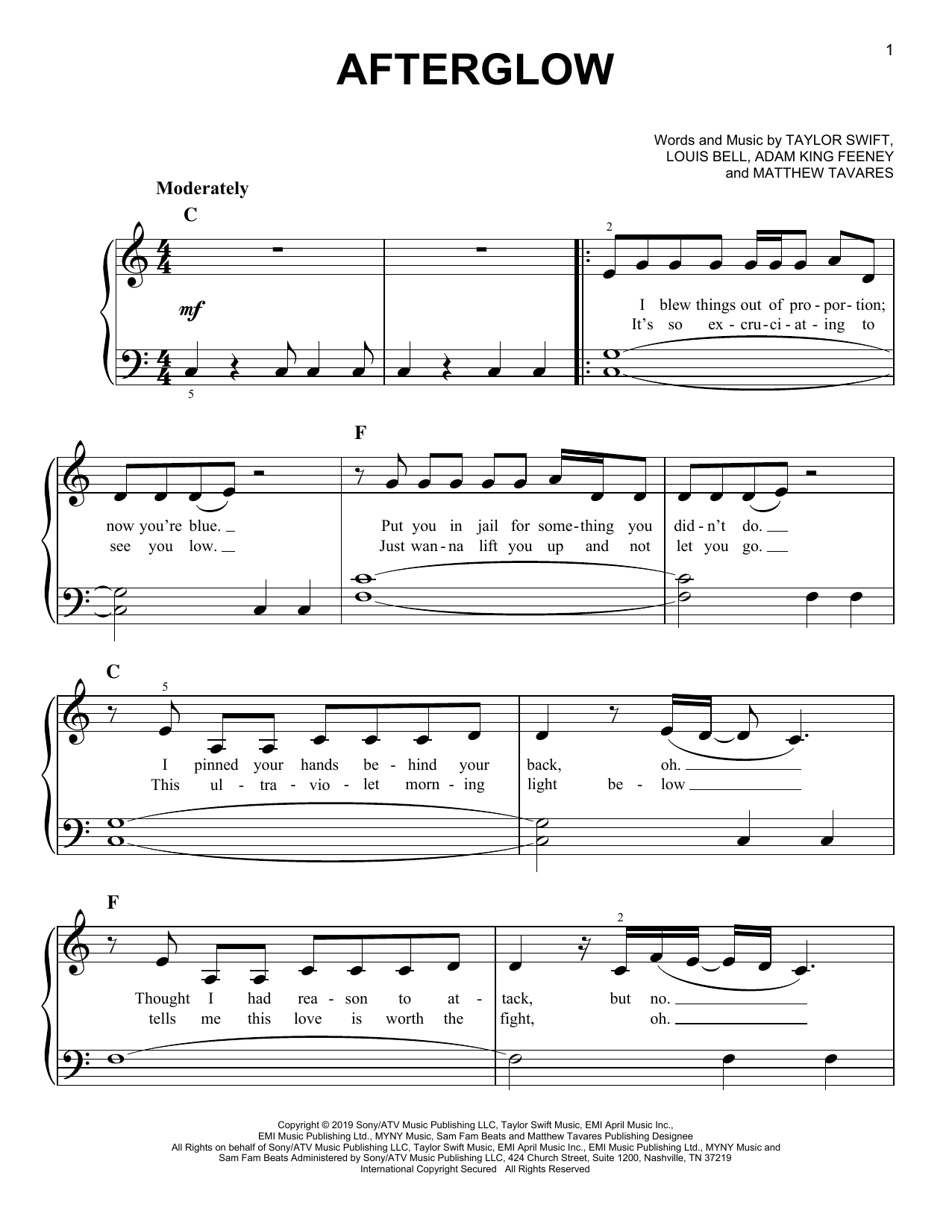Download Taylor Swift Afterglow Sheet Music and learn how to play Easy Piano PDF digital score in minutes