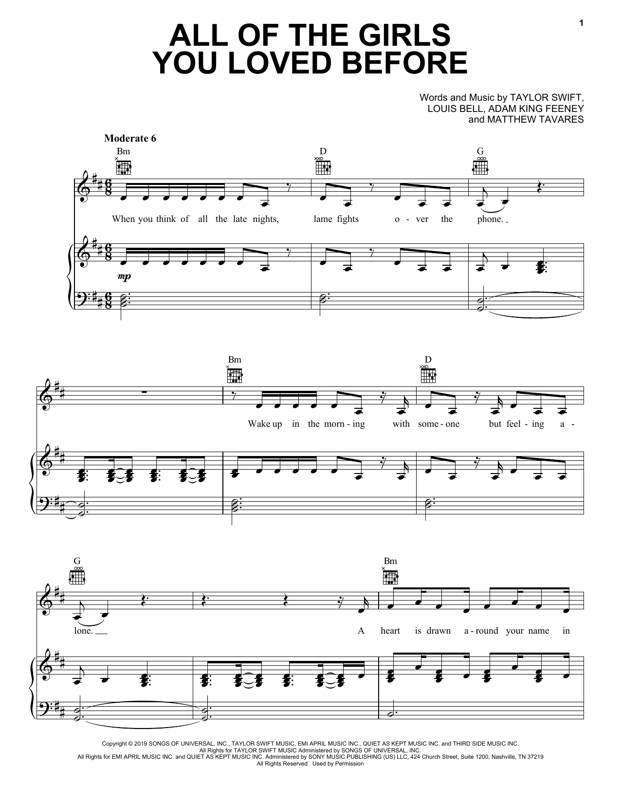 Download Taylor Swift All Of The Girls You Loved Before Sheet Music and learn how to play Piano, Vocal & Guitar Chords (Right-Hand Melody) PDF digital score in minutes