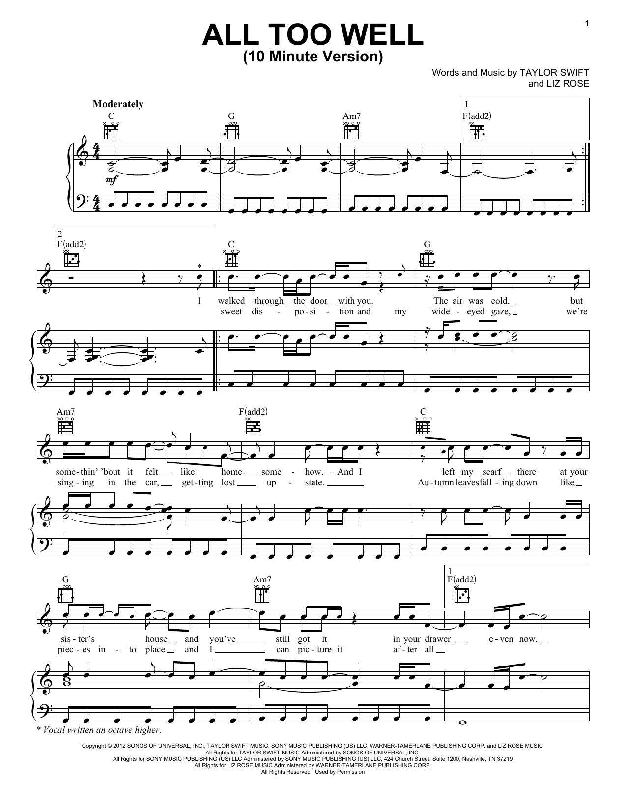 Download Taylor Swift All Too Well (10 Minute Version) (Taylor's Version) (From The Vault) Sheet Music and learn how to play Piano, Vocal & Guitar Chords (Right-Hand Melody) PDF digital score in minutes