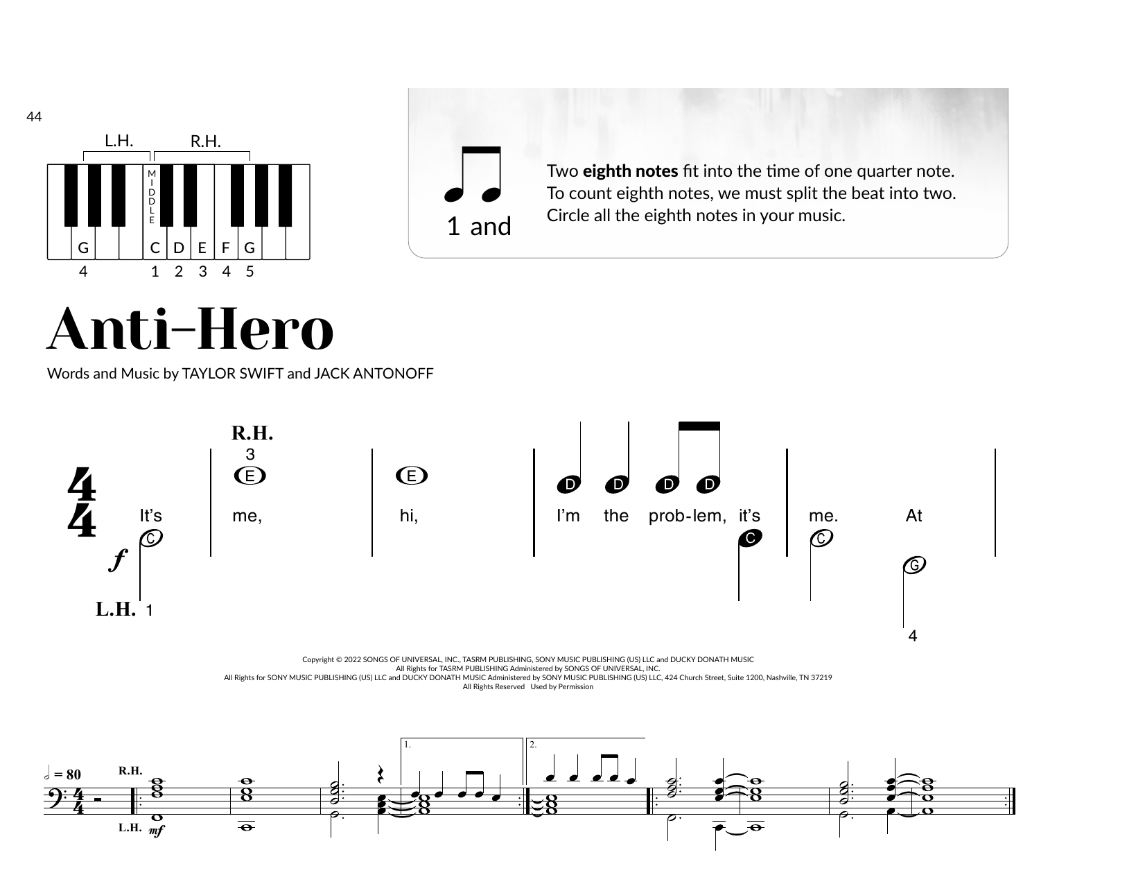 Download Taylor Swift Anti-Hero (arr. Brittany McCorriston) Sheet Music and learn how to play Very Beginner Piano PDF digital score in minutes